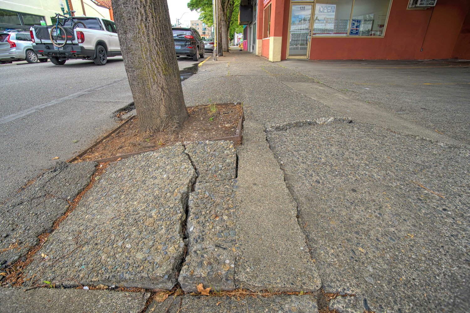 Cracked sidewalk at Washington and State